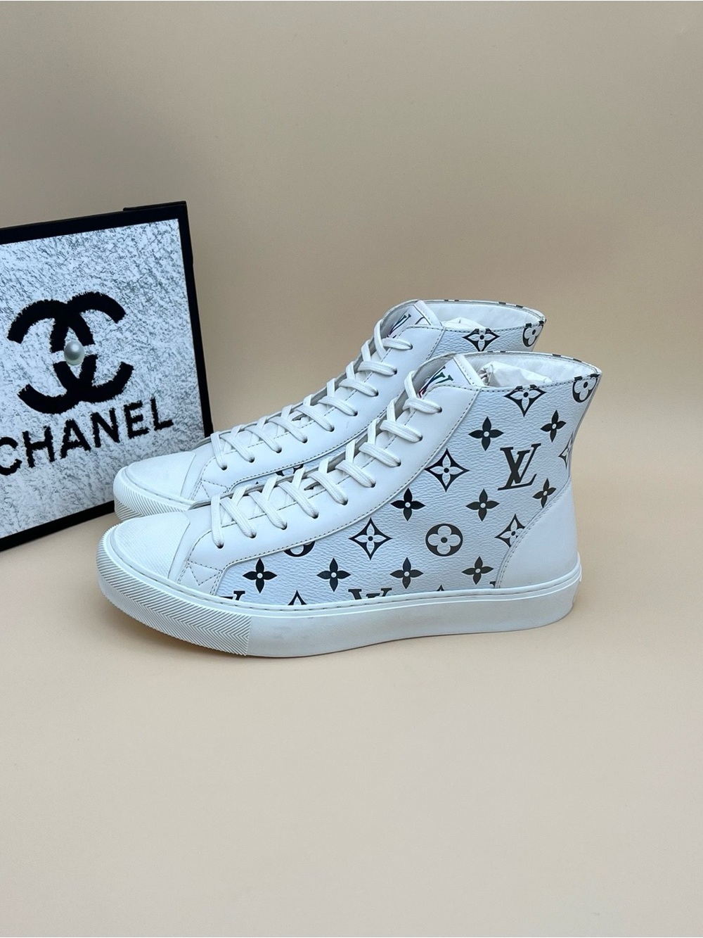 Louis Vuitton White and Black Monogram High-Top Sneakers